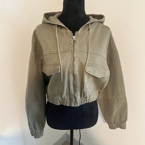 Stoosh Vintage Denim Cropped Army Green Hooded Bomber Jacket Y2K Streetwear Med